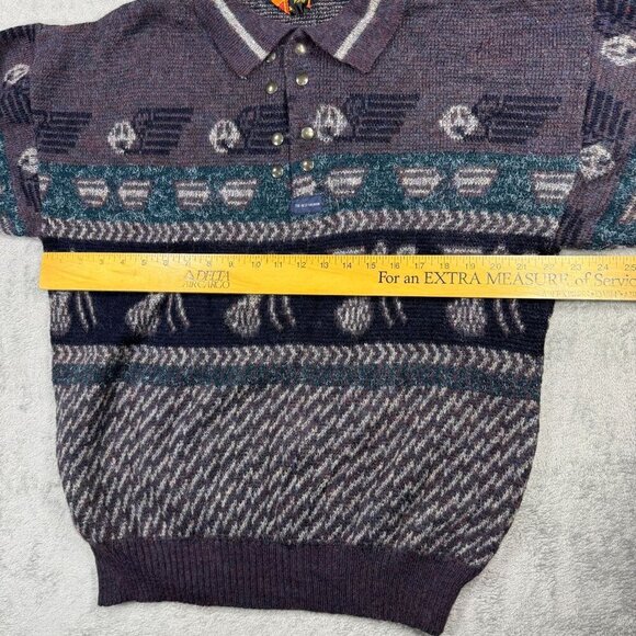 Vintage 90s Wool Mohair Blend Aztec Henley Sweater AOP Purple Italy Retro - Picture 8 of 9